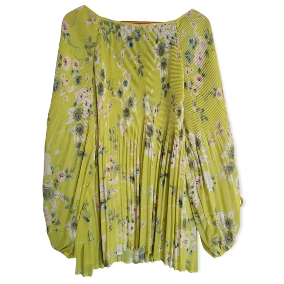 Como Vintage Chartreuse Green Floral Print Pleated Bubble Sleeve Tunic Size 3X - Picture 2 of 10